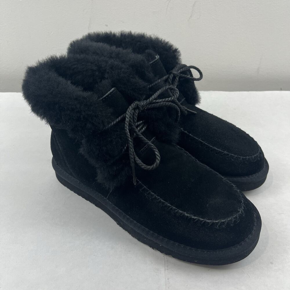 LAMO Camille Winter Boots Women’s Size 9 Black Suede Sheepskin Fur Lace Up